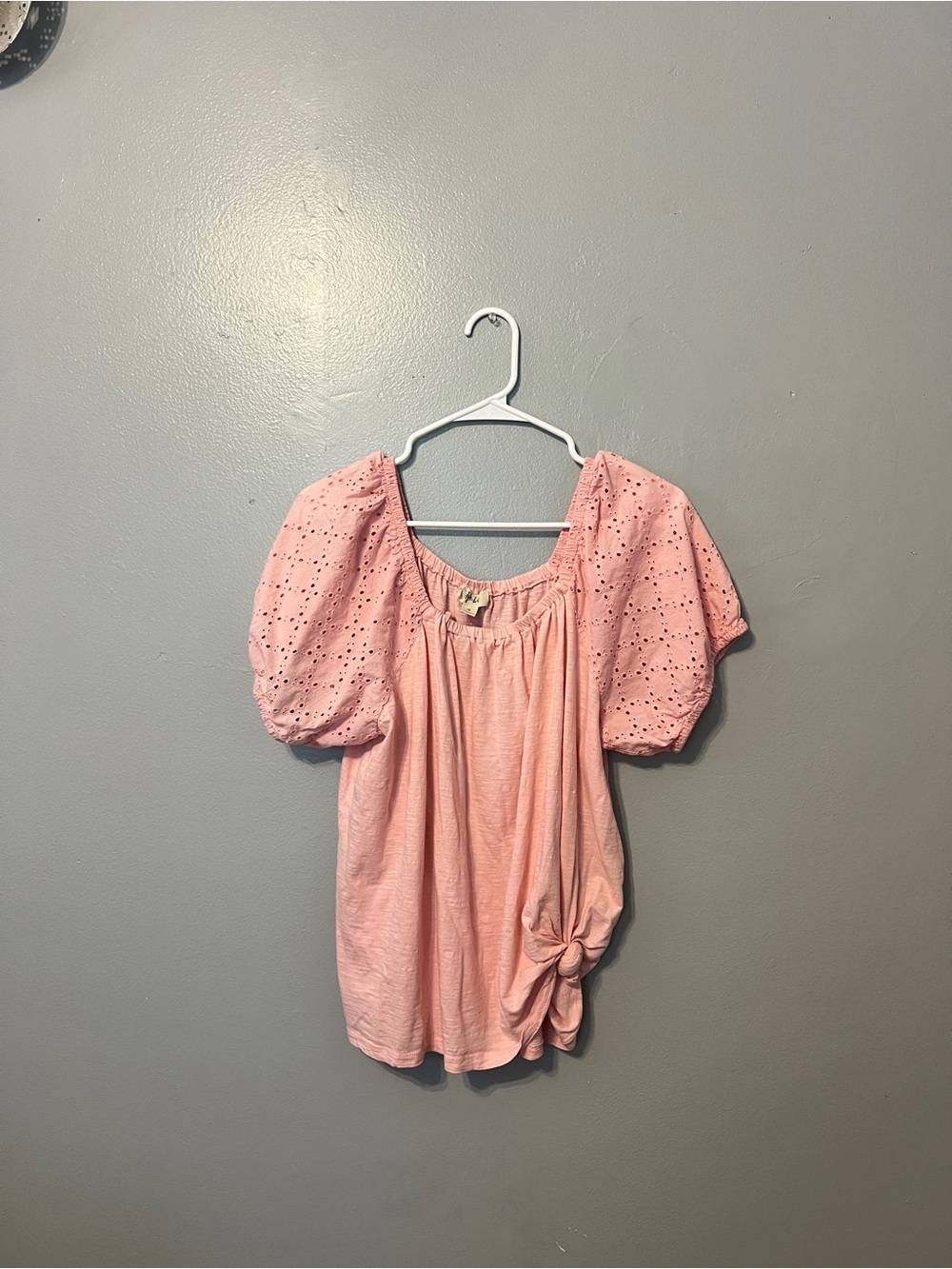 Style & Co. Pink Puff Sleeve Eyelet Blouse with Side Knot